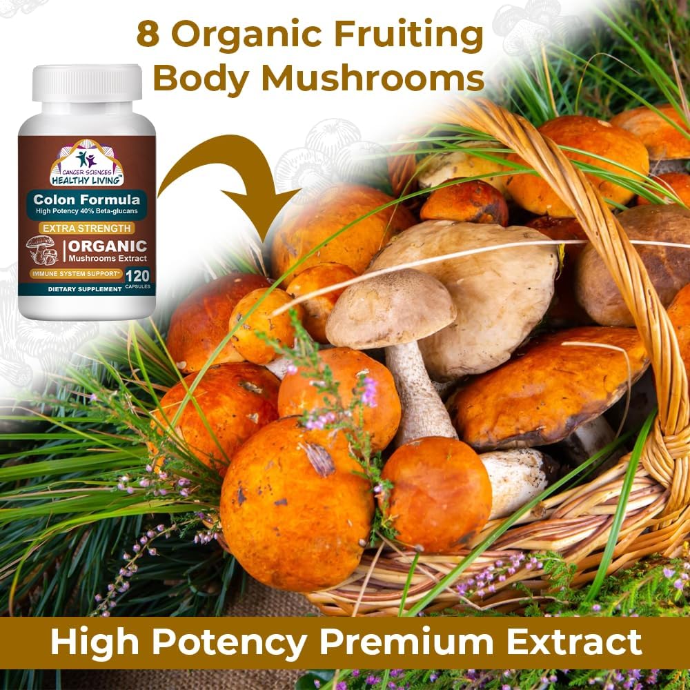 Cancer Sciences Colon Wellness Supplement, USDA Certified Organic Mushrooms Extract, Extra Strength 1,500 mg, High Potency 40% Beta-Glucans, Immune, Gut & Digestive, Colon Cleanse & Detox, 120 Caps