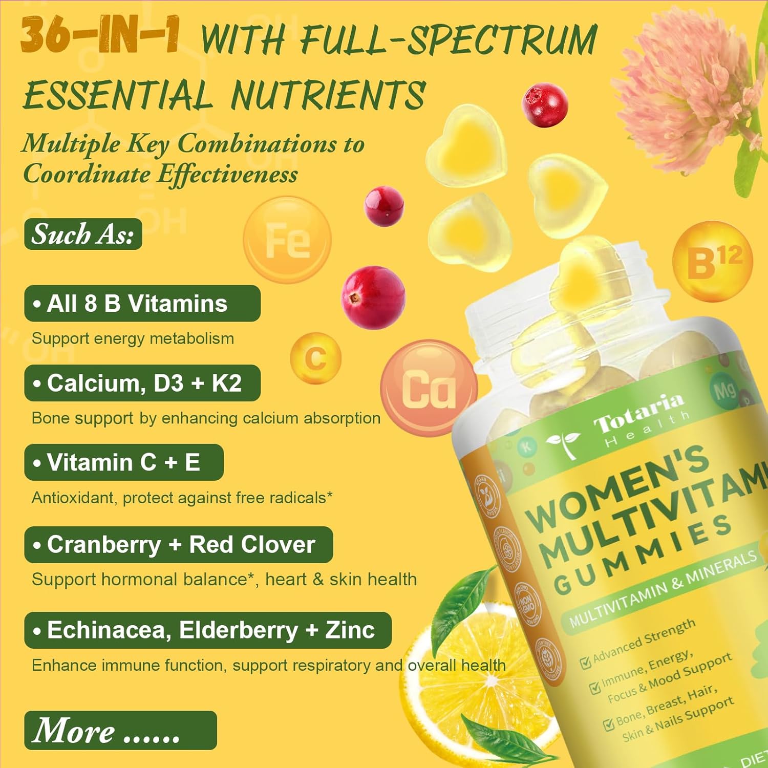 (2 Packs) Sugar Free Multivitamin Gummies for Women 14+ w/Iron, Inositol, Folate, Biotin, Womens Daily Multivitamin Gummy w/Vitamin A, D, C, B, Support Hair, Skin, Energy, Immune, Lemon Flavor