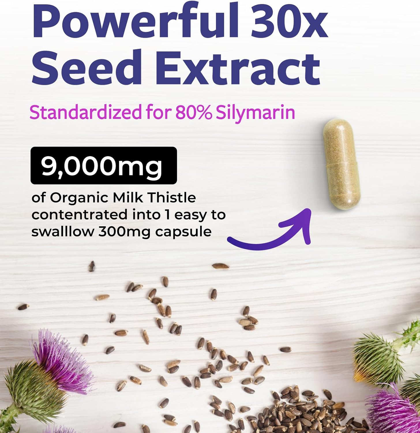 USDA Organic Milk Thistle Capsules - 80% Silymarin Supplement for Liver Support- Super Concentrated 300mg of 30:1 Milk Thistle Extract Equivalent to 9,000mg - Milk Thistle Liver Detox 60 Day Supply