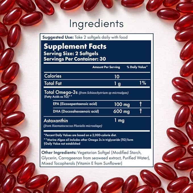 Wellness Omega 3 Algae-Based Supplement with DHA/EPA & Astaxanthin, Fish Free & Vegan with Algae Oil, Absorbable Plant Based Omega 3, Plastic Free, by Ashlan & Philippe Cousteau