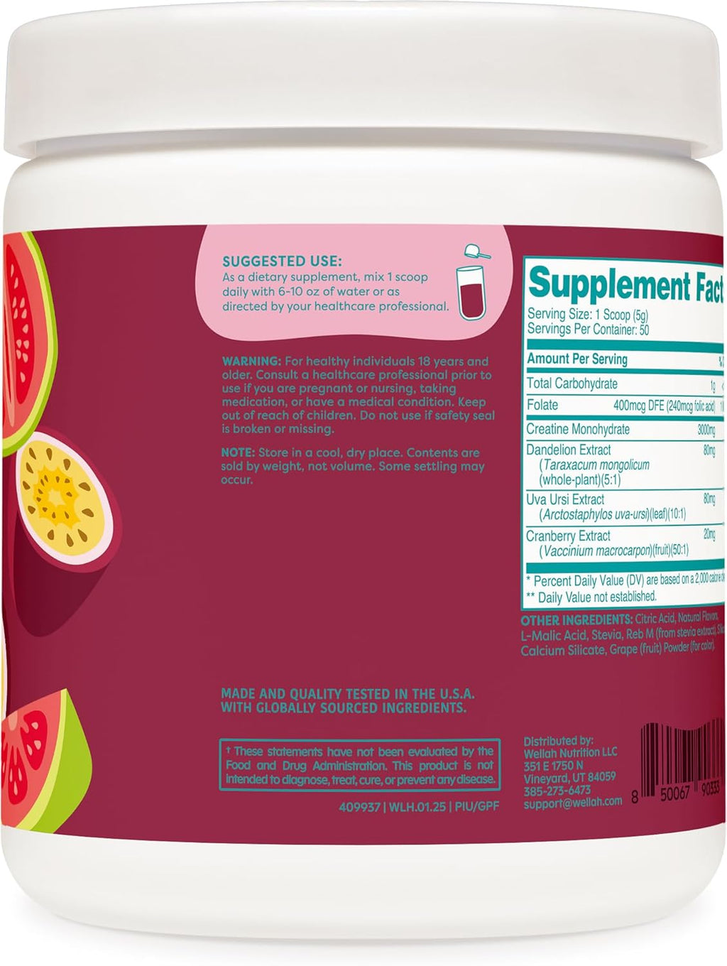 Wellah Creatine for Women - Creatine Monohydrate with Dandelion & Cranberry Extract (50 Servings, Guava Passionfruit)