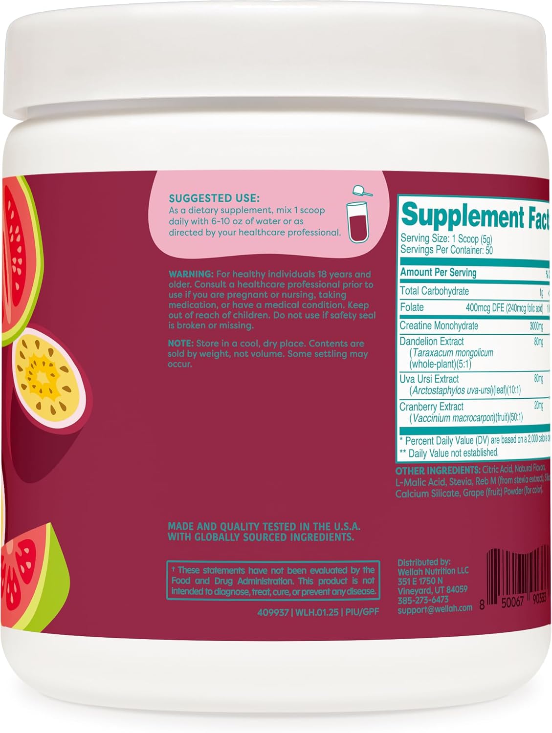 Wellah Creatine for Women - Creatine Monohydrate with Dandelion & Cranberry Extract (50 Servings, Guava Passionfruit)