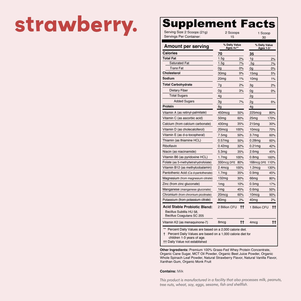 Mighty Strawberry Milk - Kids All-in-One Daily Protein Powder & Multivitamin Boosted with 2 Billion Probiotics & Organic Spinach - Natural Flavors, Colors & Sweeteners - 15-30 Servings