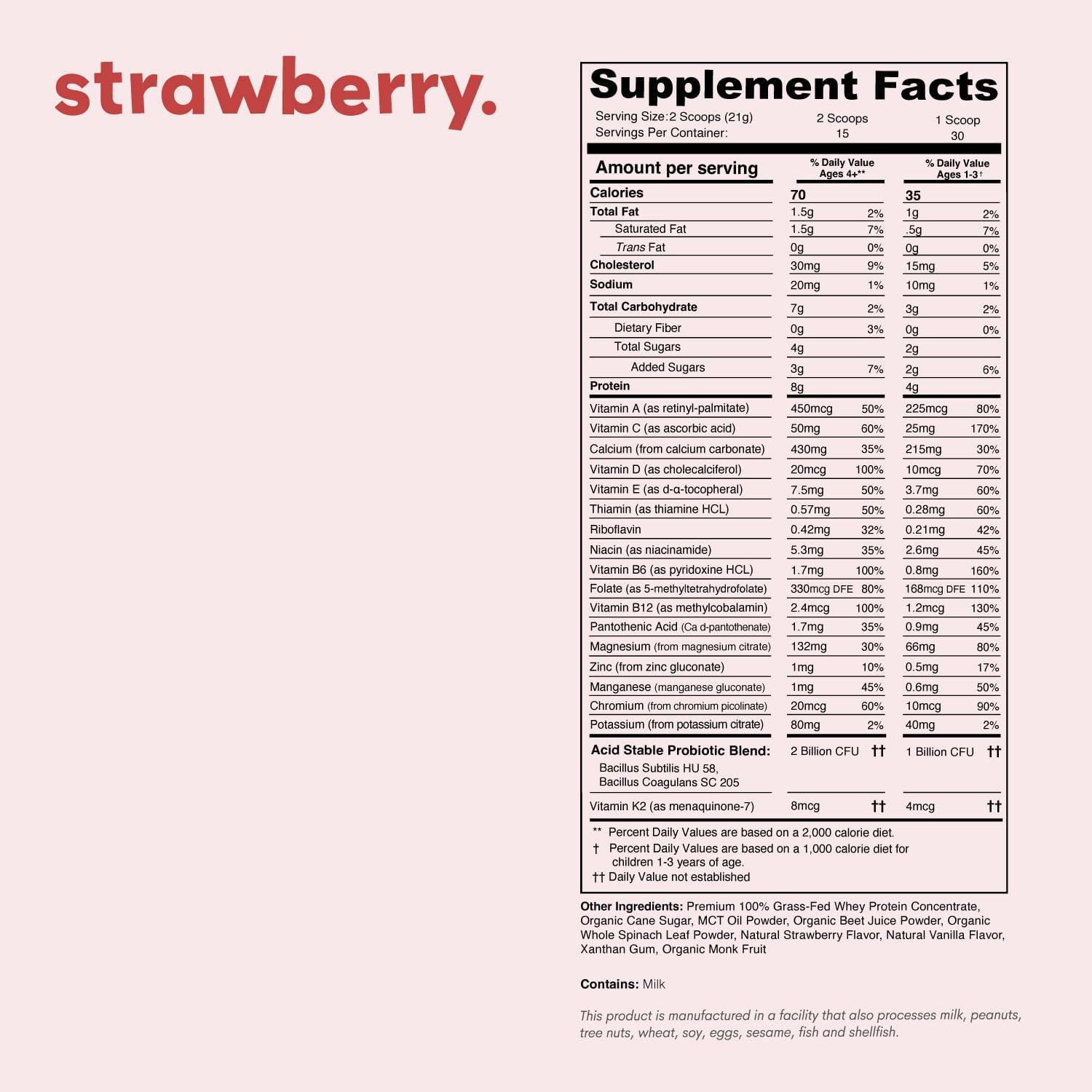 Mighty Strawberry Milk - Kids All-in-One Daily Protein Powder & Multivitamin Boosted with 2 Billion Probiotics & Organic Spinach - Natural Flavors, Colors & Sweeteners - 15-30 Servings