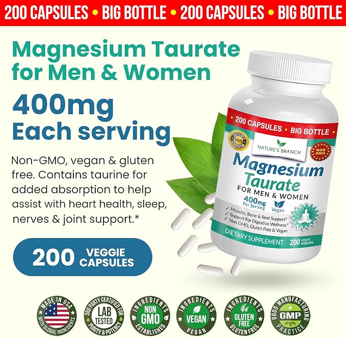 Magnesium Taurate 400mg | High Absorption | 200 Capsules for Sleep, Heart Health, Calm, Joint Supplement for Women and Men - Made in USA, Pure Elemental Mag Powder Plus Taurine - Extra Strength Pills