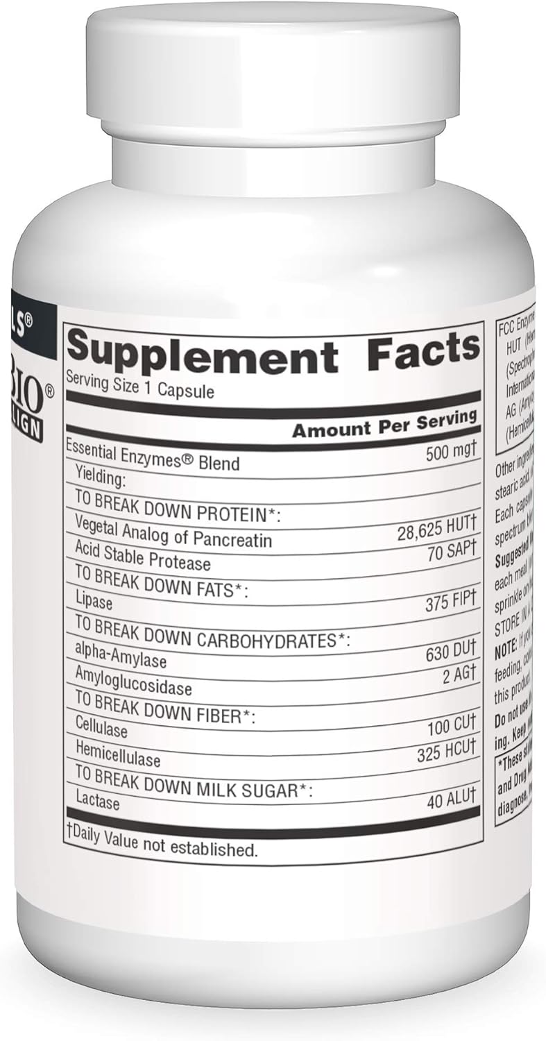Source Naturals Essential Enzymes 500mg Bio-Aligned Multiple Supplement Herbal Defense for Digestion, Gas & Constipation Relief - Strong Immune System Support* - 120 Capsules
