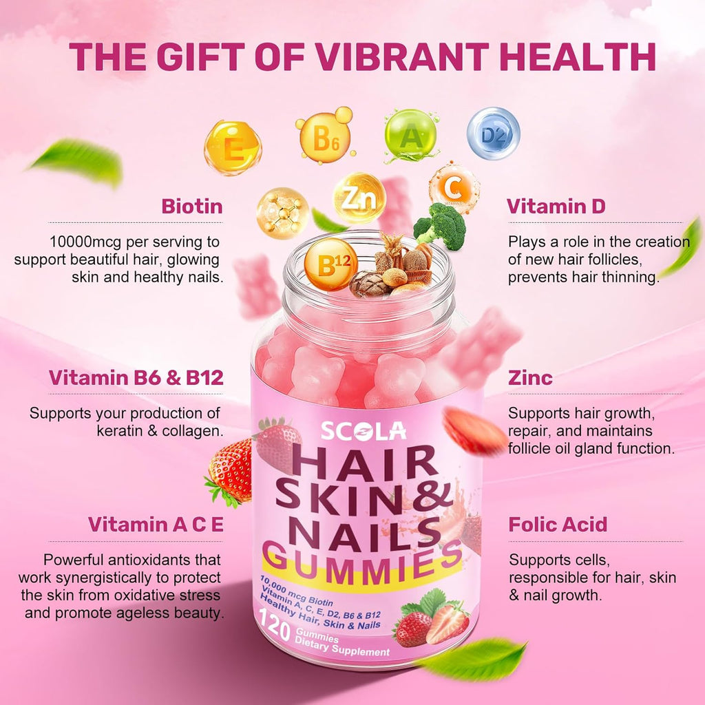 Hair Skin and Nails Gummies, Biotin(10,000mcg) Hair Skin and Nails Vitamins Supplement for Women, Men Supports Faster Hair Growth, Stronger Nails, Healthy Skin, 120 Count