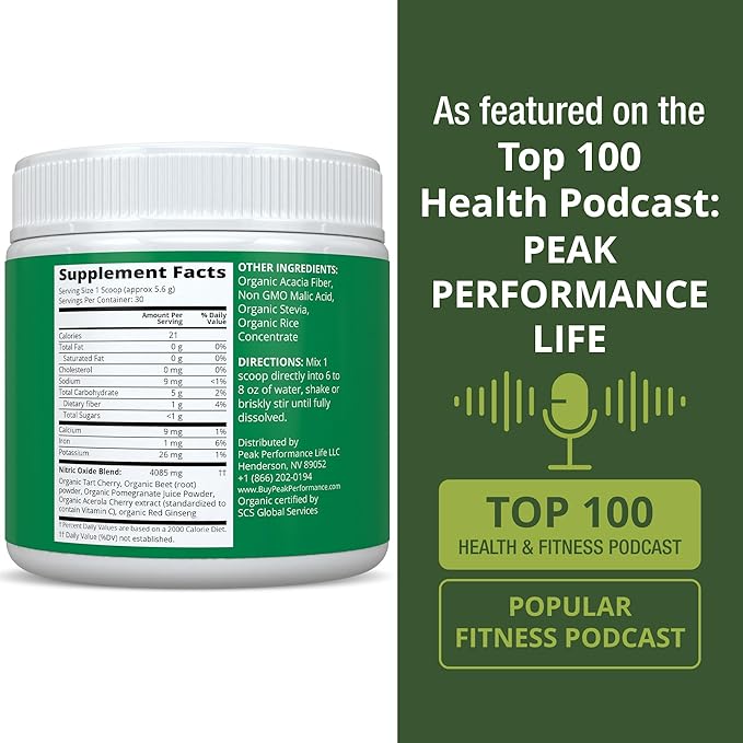 USDA Organic Plant Based Nitric Oxide Booster Powder Supplement For Men & Women. Caffeine Free Supplements 5 Top Organic Ingredients. Beet Root, Tart Cherry, Acerola Cherry, Pomegranate, Red Ginseng