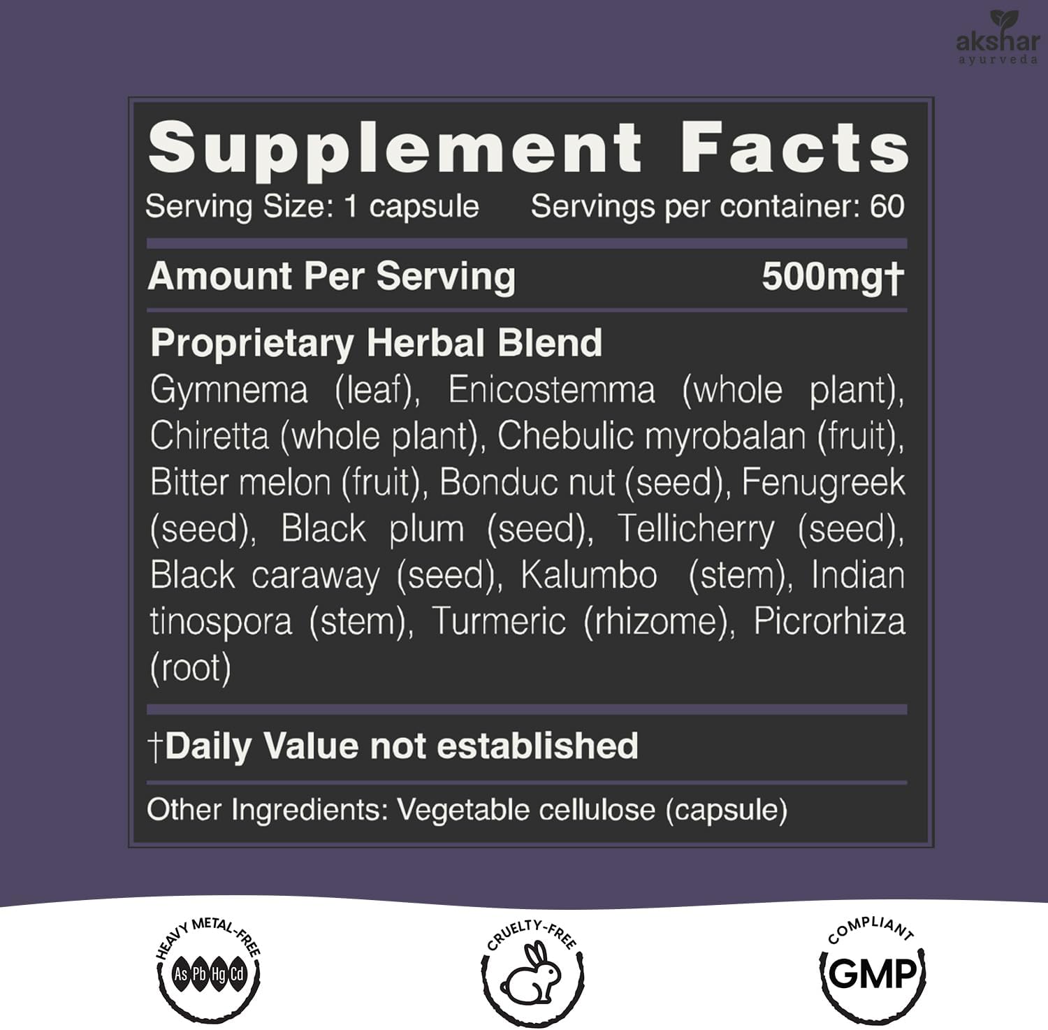 AKSHAR Ayurveda Gluco Support Supplement with Gymnema, Bitter Melon, Turmeric & More, Supports Healthy Levels(60 Capsules)