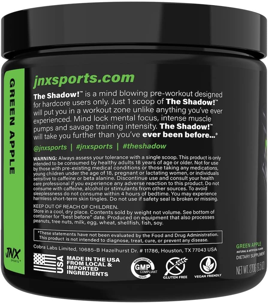 JNX SPORTS The Shadow! 350mg of Caffeine Hard Core Preworkout - Green Apple 30 Servings | Electric Energy, Mental Focus & Superhuman Strength for Men & Women