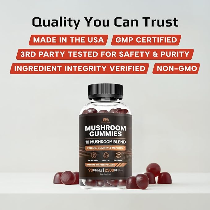 Effective Nutra Mushroom Gummies 2500mg - 10in1 Lion’s Mane, Reishi, Chaga, Cordyceps & More - Focus, Clarity, Memory, Immunity, Energy - Natural Raspberry Flavor, Vegan, Made in USA (2-Pack)