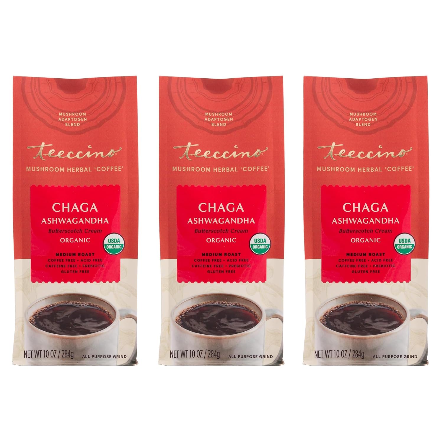 Teeccino Chaga Ashwagandha Coffee Alternative - Butterscotch Cream - Organic, Adaptogenic Herbal Mushroom Coffee, Medium Roast, Caffeine Free, Prebiotic, Acid Free, Gluten Free - 10 oz, Pack of 3