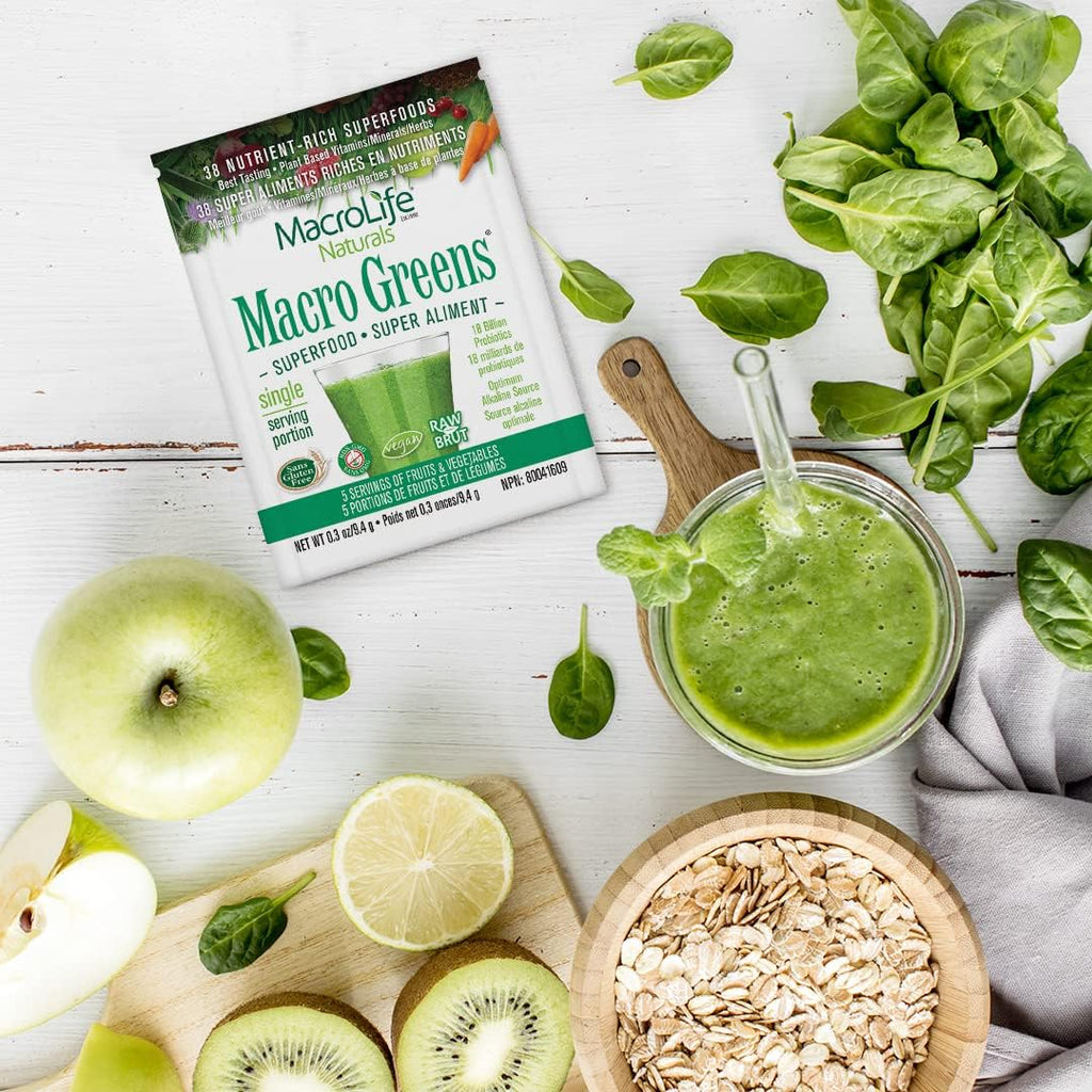 MacroLife Macro Greens Powder 38 Superfood Probiotics Antioxidants Digestive Enzymes & Adaptogen Supplement - Daily Super Green Juice & Smoothie Mix Packets - Non-GMO Vegan Gluten-Free - 12 Servings