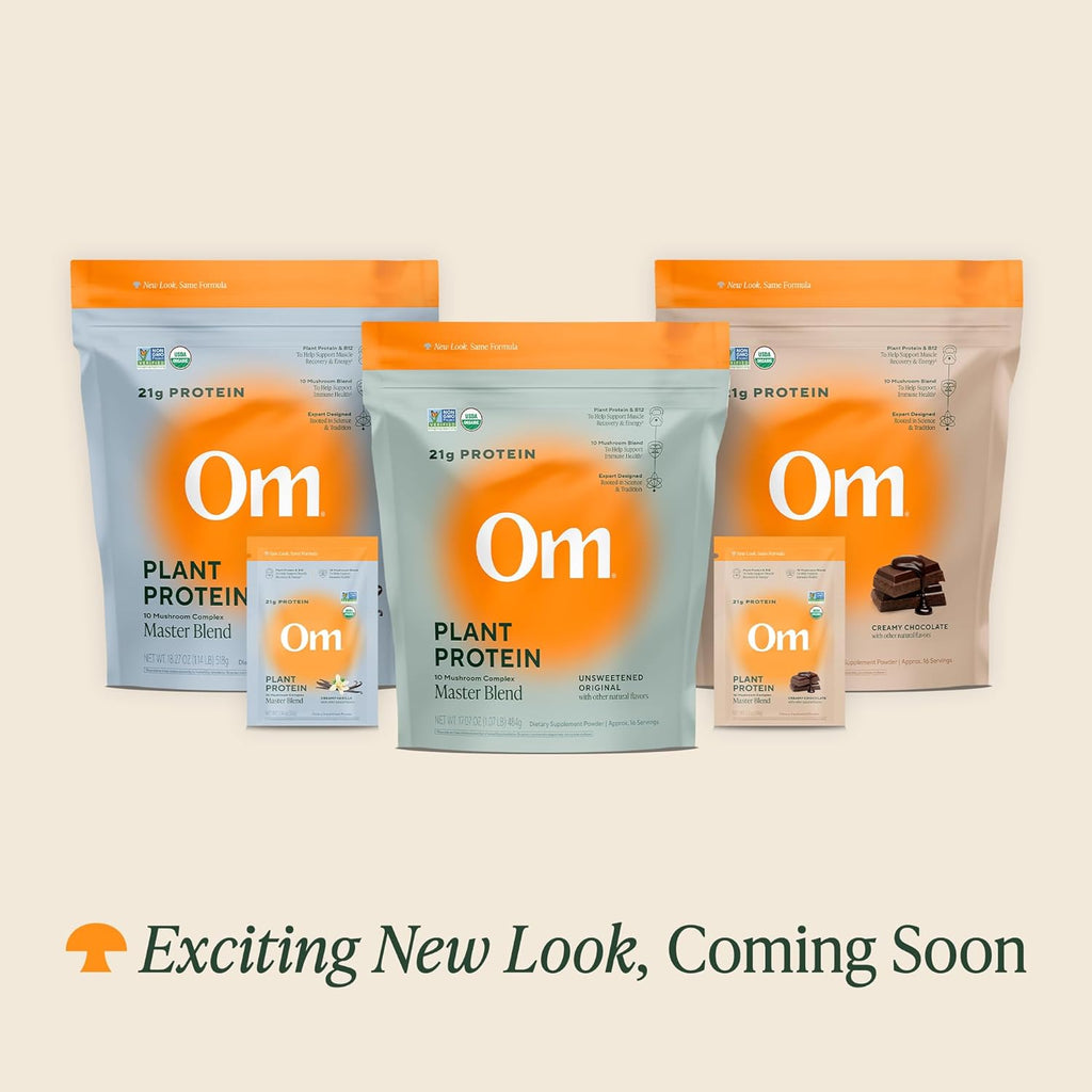 OM MUSHROOM SUPERFOOD Master Blend Mushroom Plant-Based Protein, 16 Servings Unsweetened Original, Unsweetened Plant-Based Protein with 10 Mushrooms & Adaptogens, GLP-1 Support