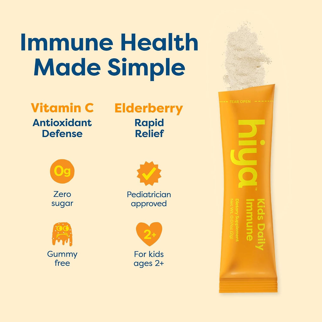 Hiya Kids Immune Support – Vitamin C, Elderberry & Beta Glucans for Ages 2+, Delicious Orange Flavor, 0g Sugar – 20 Stick Packs for Toddlers & Kids