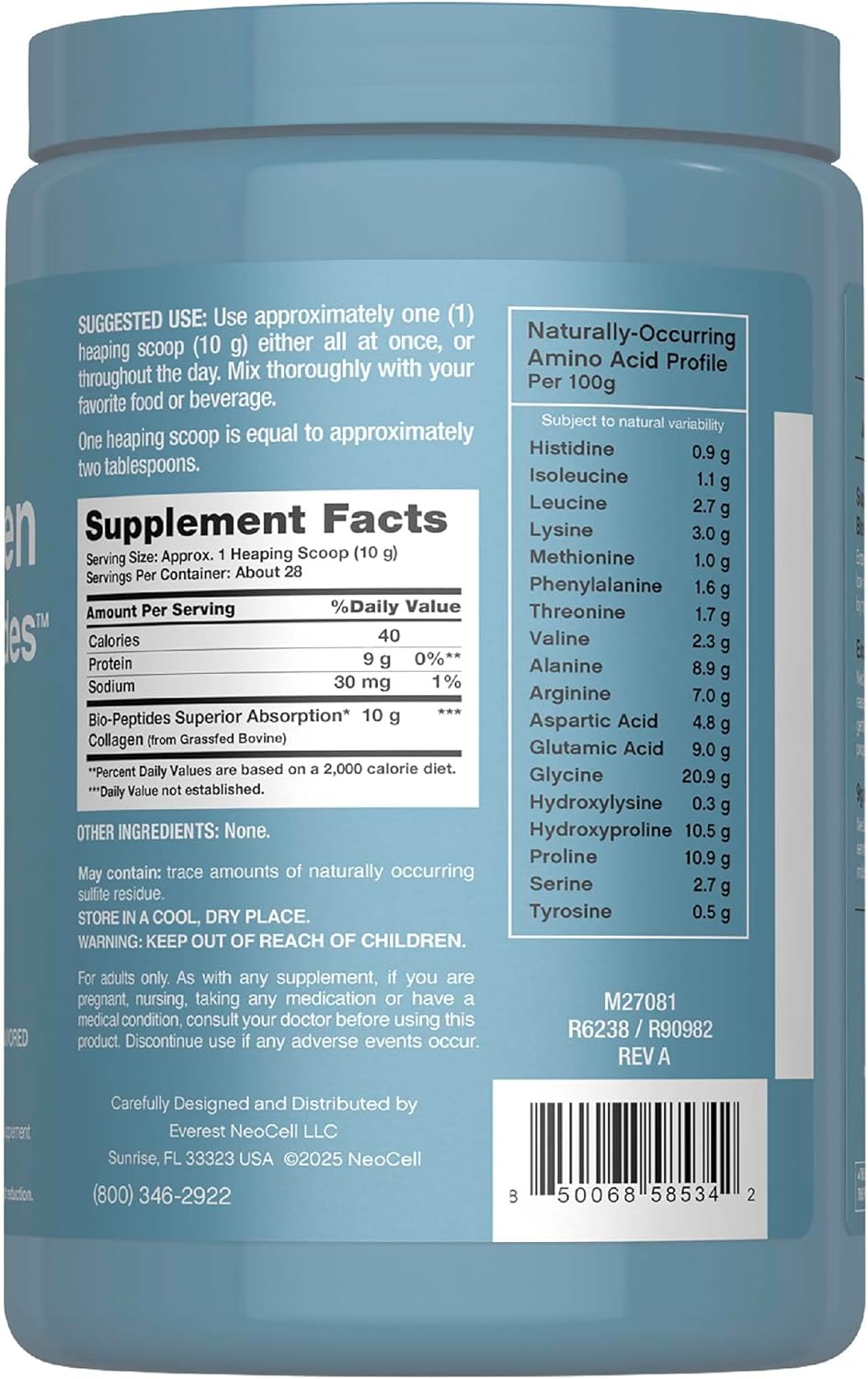 NeoCell Collagen Bio-Peptides Powder | 10oz | Super Hair, Skin, and Nails | Superior Absorption | Grassfed Protein Supplement | Advanced with 18 Essential Amino Acids
