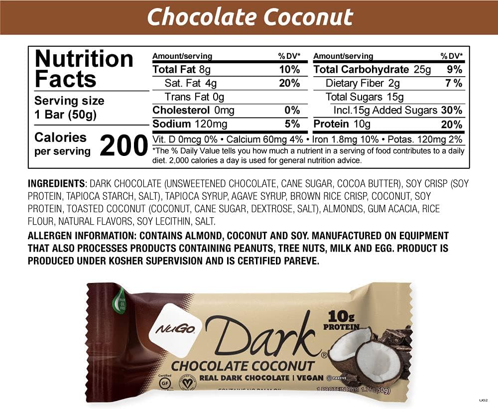 NuGo Dark Chocolate Coconut, 10g Protein Bar, Vegan, Gluten Free, Non-GMO, Kosher Pareve, 12 Count