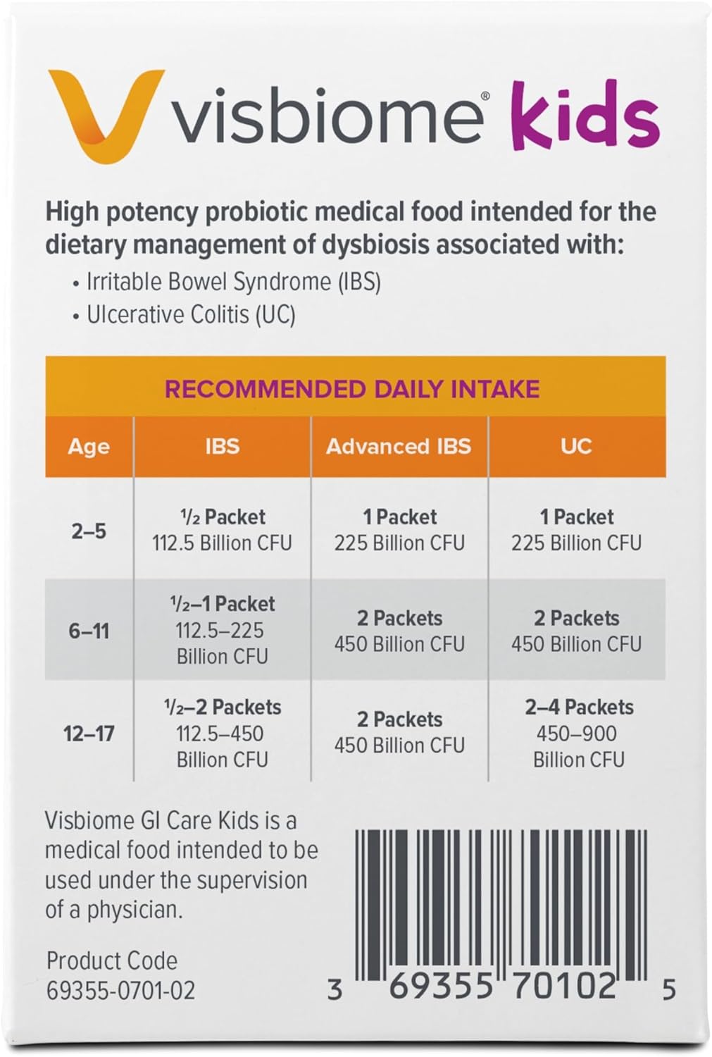 Visbiome® GI Care Kids - High Potency Probiotic for IBS & UC Symptoms - Wild Berry Flavor, No Dyes- 225 Billion CFU Live Probiotics for Children, Cold Chain Shipping, 60 Packets