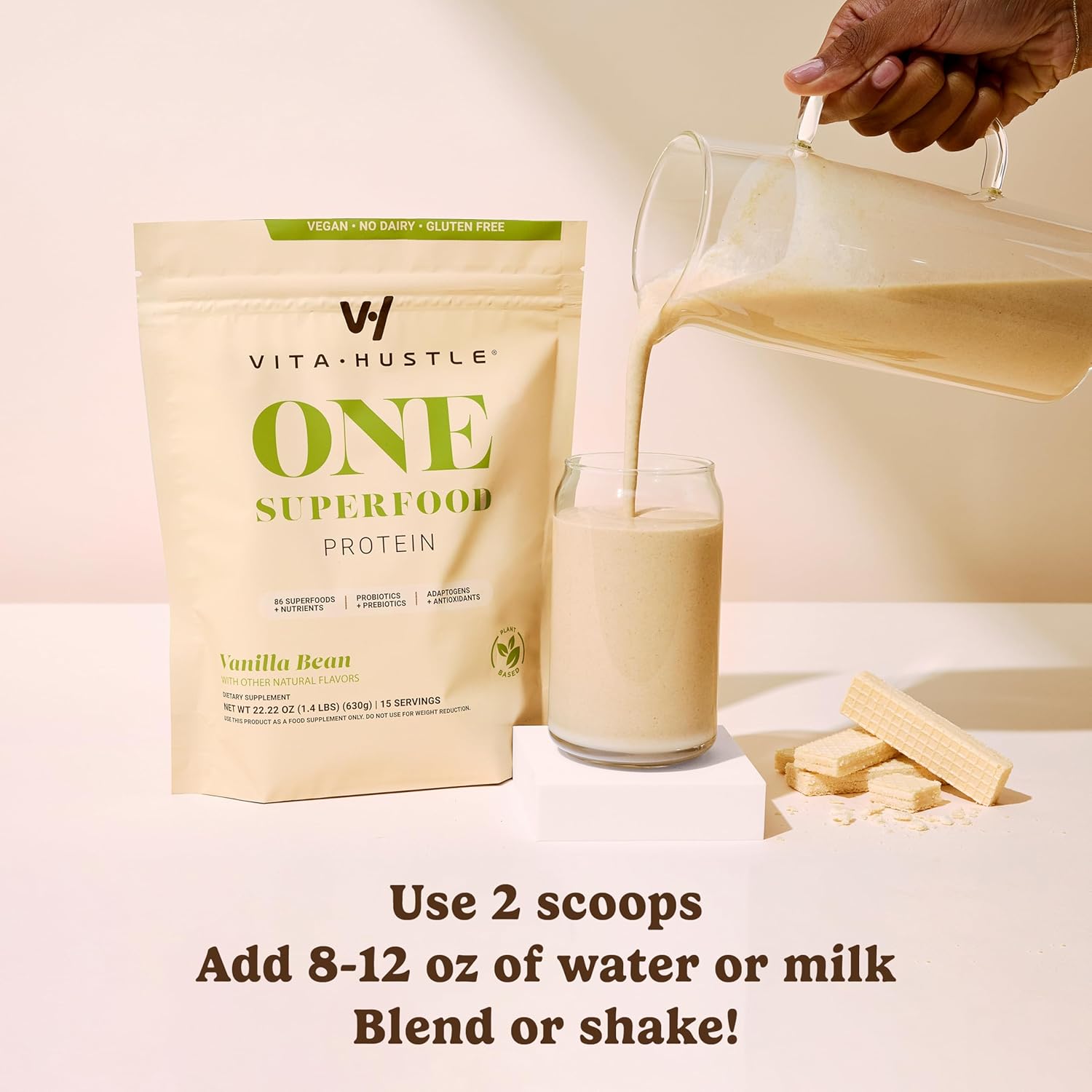 VitaHustle ONE Meal Replacement Shake - Plant Based Protein Powder by Kevin Hart - Vegan, Meal Replacement Powder with Superfoods, Vitamins, Adaptogens & Probiotics -Vanilla Flavor, 15 Servings