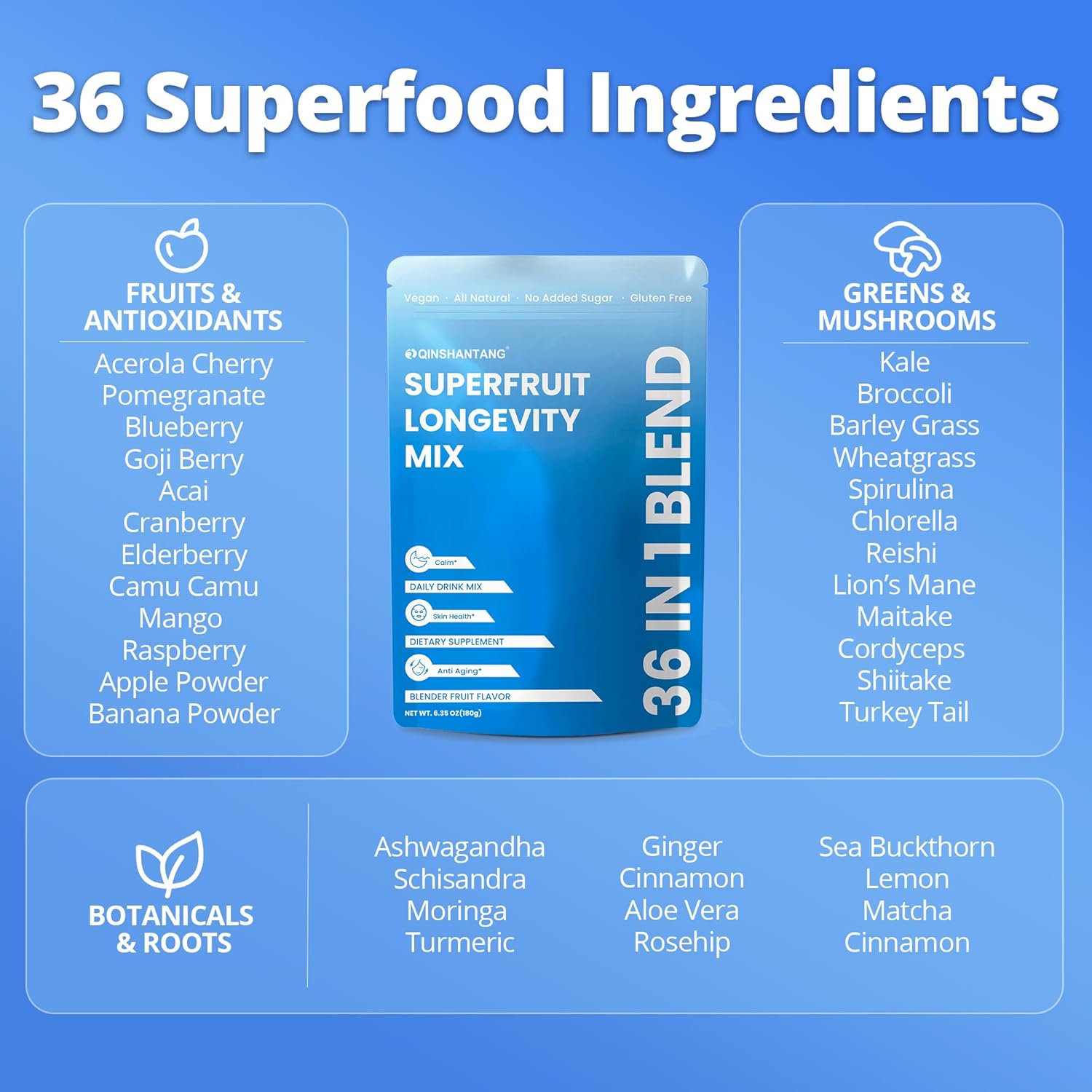 Superfruit Longevity Mix, 36 in 1, Magnesium Glycinate, Mushrooms, Nicotinamide Riboside – Calm, Skin & Anti-Aging Support | Probiotics, 15 Fruits | No Sugar Added, Vegan, Gluten Free, 30 servings