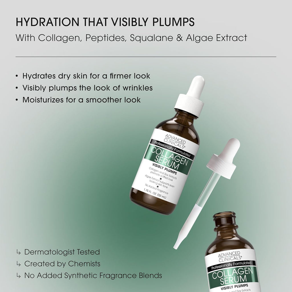 Advanced Clinicals Collagen Serum For Face | Visible Anti Aging Collagen Peptide Serum + Hyaluronic Acid Moisturizer Improves Look Of Wrinkles, Dry Skin, & Fine Lines, No added Fragrance, 2-Pack