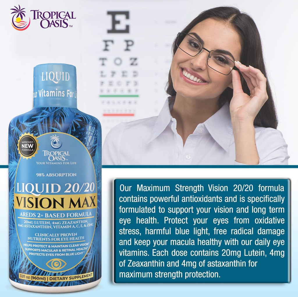 Liquid 20/20 Vision - Eye Vitamin Formula w/20mg Lutein, 4mg Zeaxanthin, 4mg Astaxanthin for Vision Support –Max Absorption- Great Taste & No Pills to Swallow– 32 Serv, 32oz