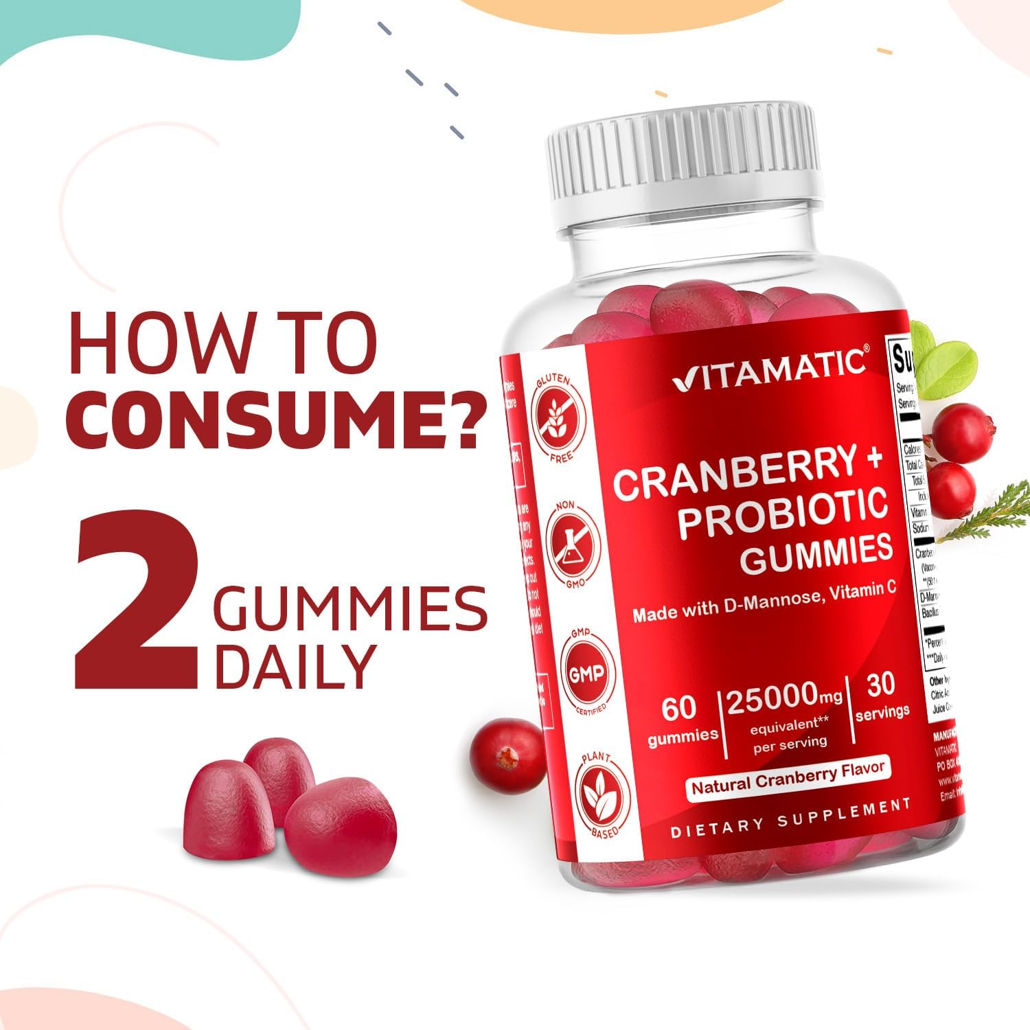 Vitamatic Vegan Cranberry Gummies with D-Mannose, Probiotics & Vitamin C – 25,000 mg Equivalent per Serving (from 50:1 Extract 500 mg) – 60 Count – Urinary Tract Health Support for Women