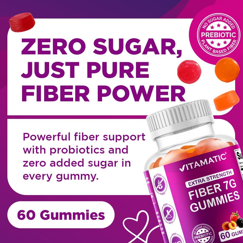 Vitamatic Prebiotic Fiber Gummies for Adults – 2 Pack (Total 120 Gummies) 7g Fiber per Serving | Extra Strength | Zero Sugar Added | Pectin-Based | Digestive Health & Regularity Support