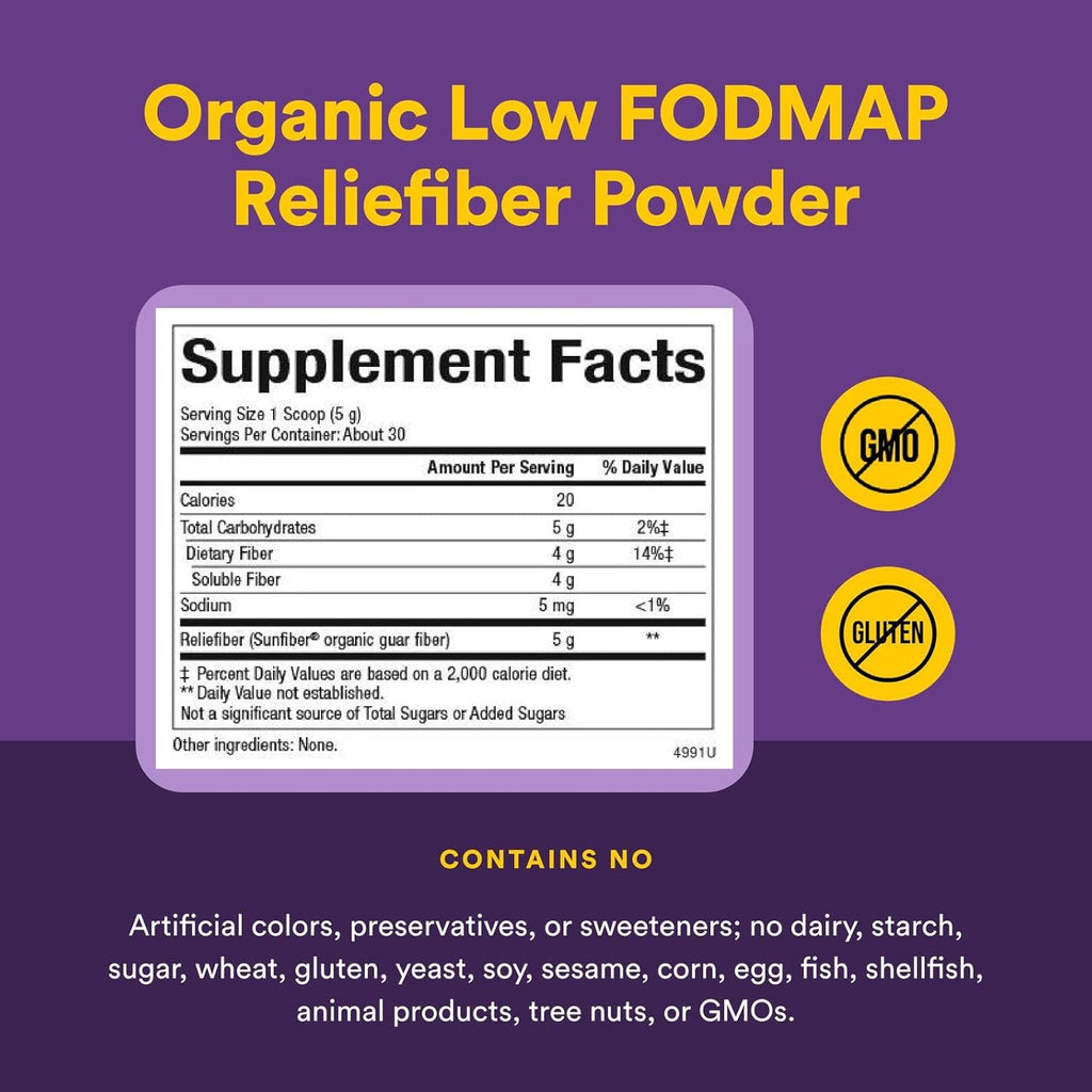 Natural Factors Organic Low FODMAP Reliefiber, Digestive Fiber Powder, Unflavored, 5.3 Oz