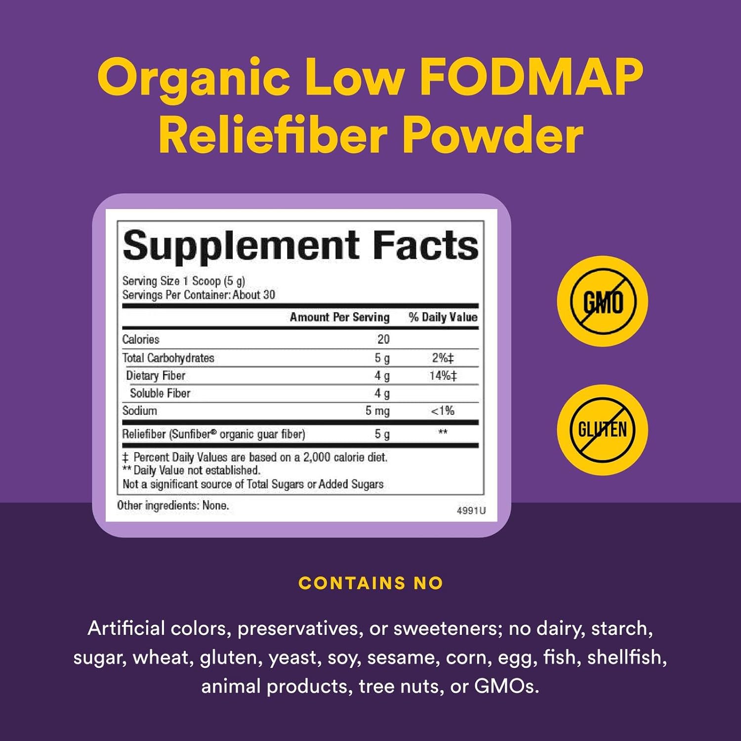 Natural Factors Organic Low FODMAP Reliefiber, Digestive Fiber Powder, Unflavored, 5.3 Oz