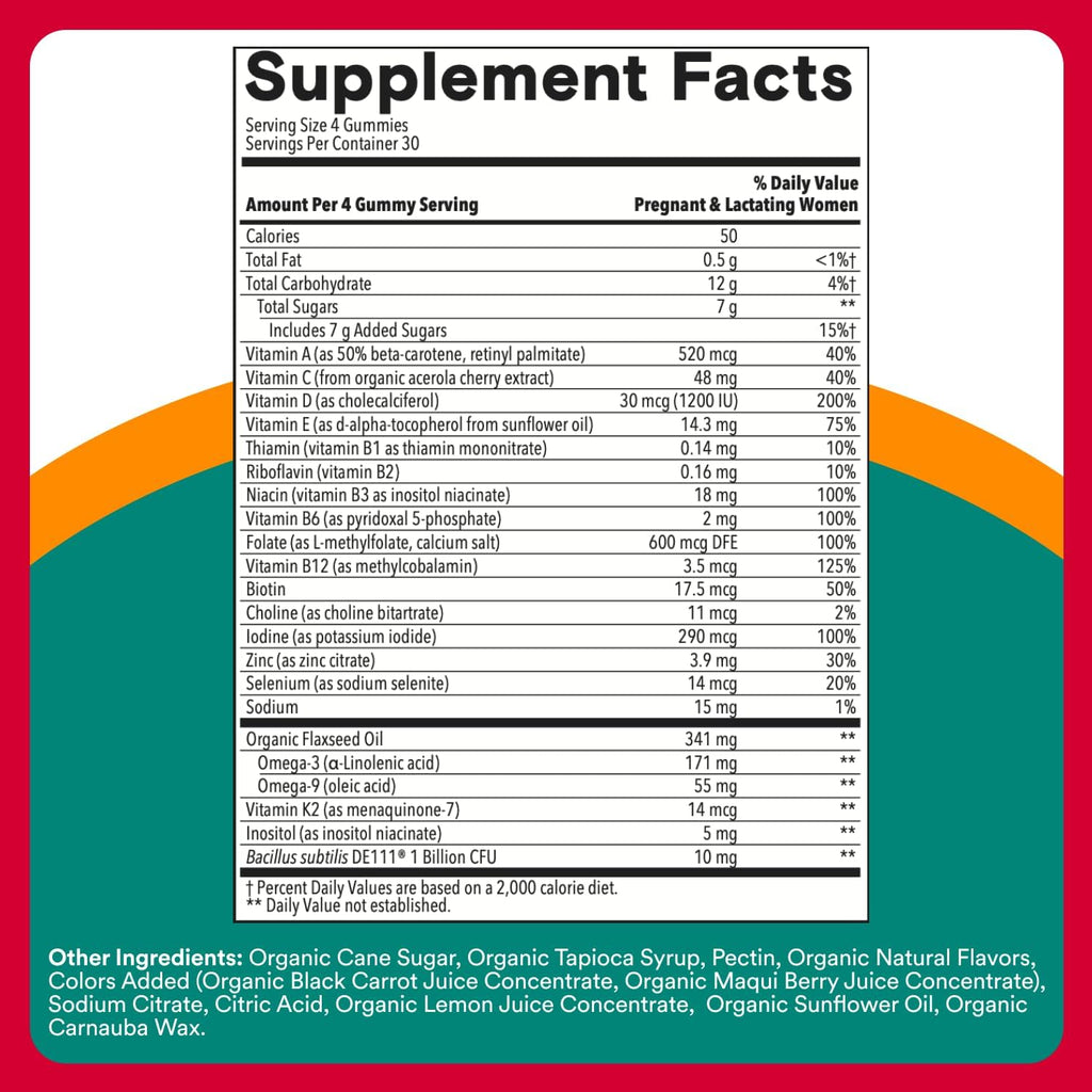 SmartyPants Organic Prenatal Vitamins for Women, Multivitamin Gummies: Probiotics, Biotin, Methylfolate, Omega 3 (ALA), Vitamin D3, C, Vitamin B12, B6, A, K2 & Zinc, Choline, 120 Count (30 Day Supply)