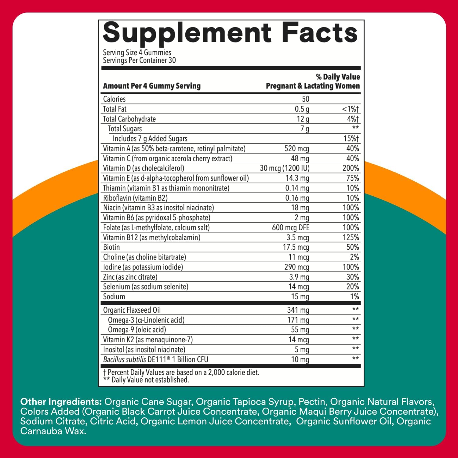 SmartyPants Organic Prenatal Vitamins for Women, Multivitamin Gummies: Probiotics, Biotin, Methylfolate, Omega 3 (ALA), Vitamin D3, C, Vitamin B12, B6, A, K2 & Zinc, Choline, 120 Count (30 Day Supply)