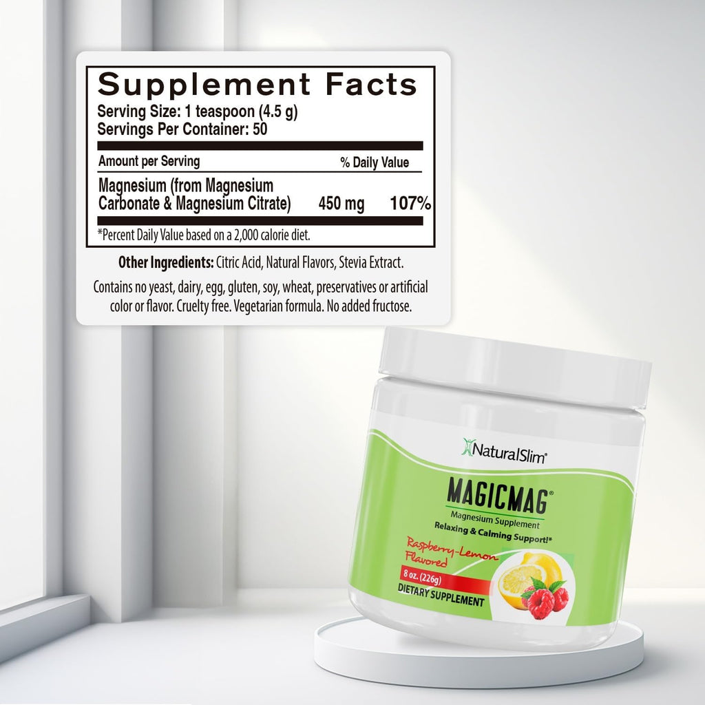 NaturalSlim Magicmag Pure Magnesium Citrate Powder Stress, Constipation, Muscle, Heart Health, and Sleep Support | Raspberry Lemon Magnesium Supplement - 8oz Drink Mix (Solo)