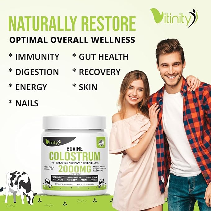 VITINITY Grass Fed Bovine Colostrum Powder for Humans - Natural IgG Colostrum Supplement for Gut Health, Immune Support, Muscle Recovery & Wellness | Pure Colostrum Superfood, Unflavored (90 Grams)