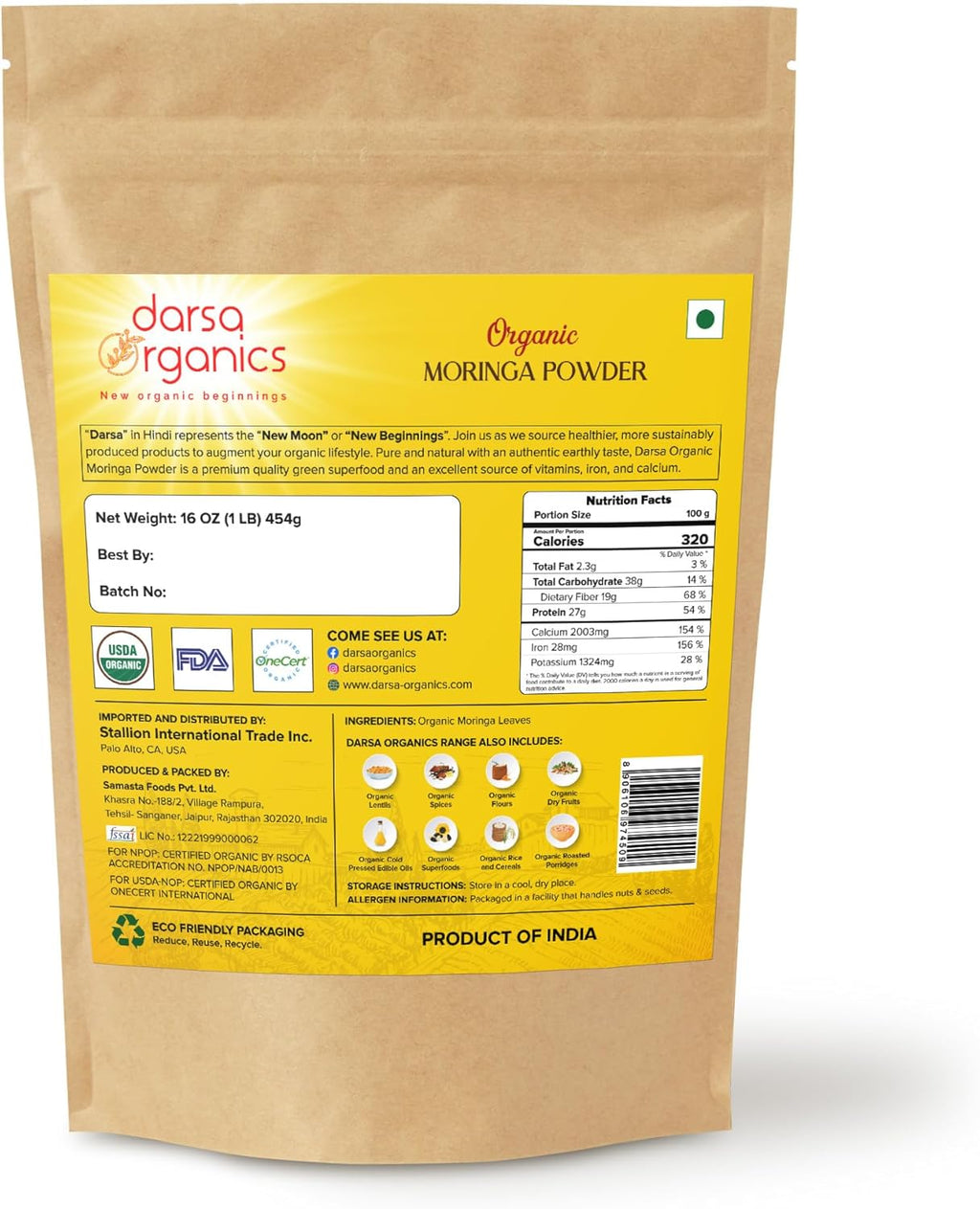 USDA Organic Moringa Powder 1 lb – Premium Moringa Oleifera Leaf Powder | Non-GMO, Gluten-Free, Vegan Superfood – Raw, Pure, Nutrient-Rich Moringa for Smoothies, Cooking & Baking