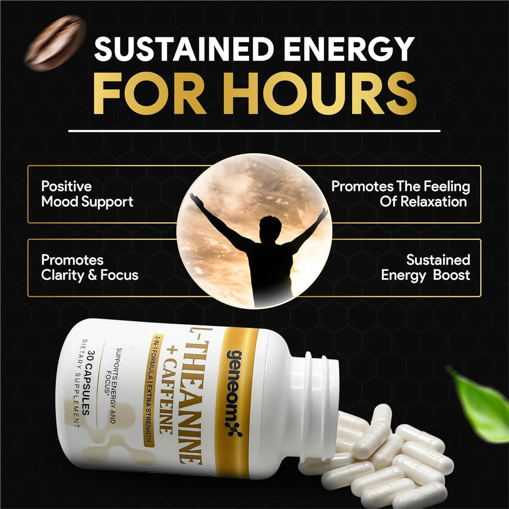L-Theanine + Caffeine Supplement - Extra Strength 2-in-1 Formula for Mental Clarity, Energy and Focus with Natural Green Coffee Bean Extract, Supports Calm & Alertness | 30 Vegetarian Capsules