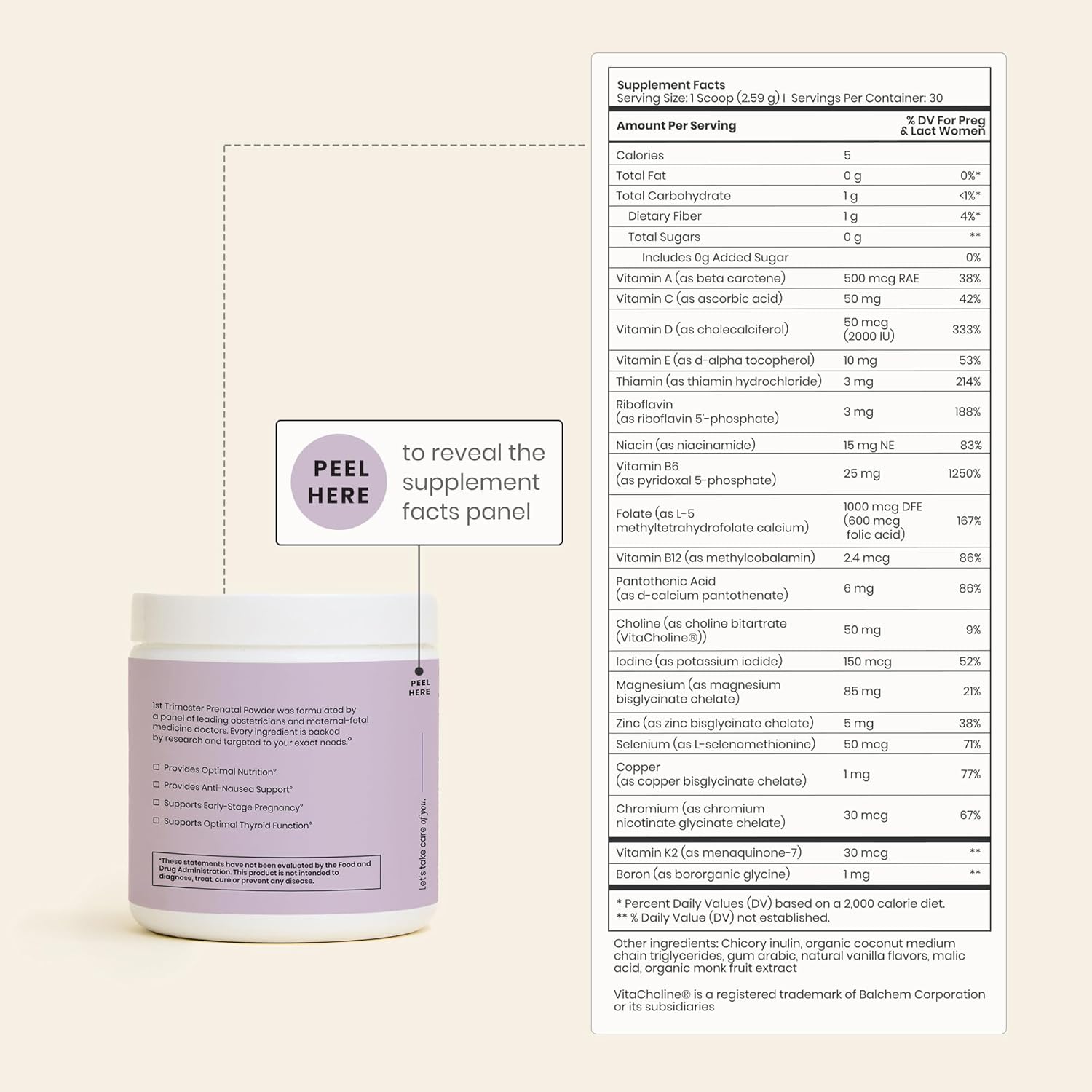 Perelel Prenatal Vitamins Powder for 1st Trimester, with Vitamin B6 & Methylfolate, Anti Nausea Support, Dairy Free, Sugar Free Clean Drink Mix for Early Stage Support, Light Vanilla, 30 Day Supply