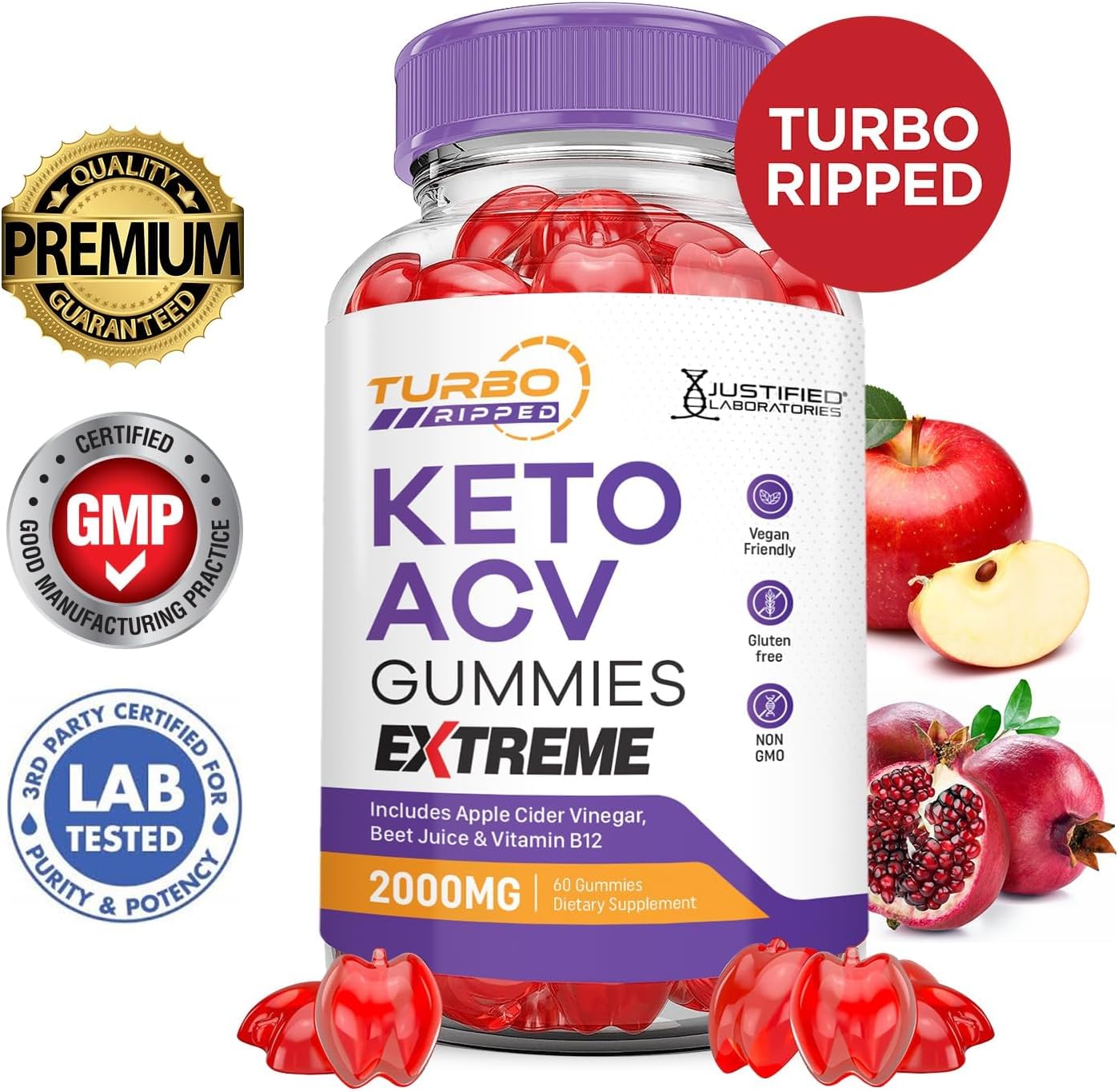 Justified Laboratories (2 Pack Turbo Ripped Keto ACV Gummies Extreme 2000MG Turbo Ripped Keto Gummies Apple Cider Vinegar Formulated with Pomegranate Beet Juice Powder B12 Vegan Non GMO 120 Gummys