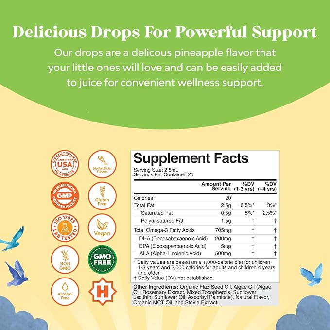 Kids DHA Omega 3 Drops - Fatty Acids Omega 3 6 9 for Brain, Immune Strength & Vision - Nutritional DHA for Kids for Healthy Nervous System & Focus Support - Liquid Supplement with EPA & ALA - 60 mL