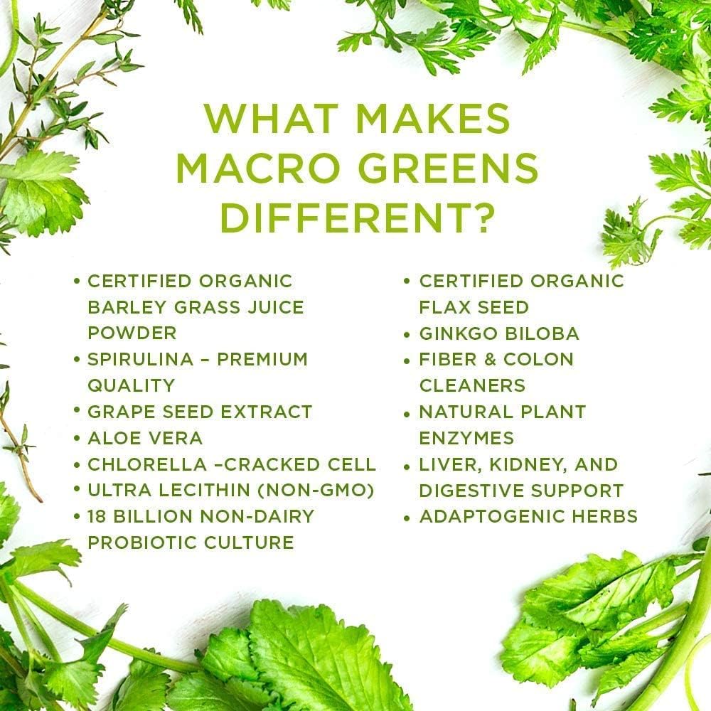 MacroLife Macro Greens Powder 38 Superfood Probiotics Antioxidants Digestive Enzymes & Adaptogen Supplement - Daily Super Green Juice & Smoothie Mix Packets - Non-GMO Vegan Gluten-Free - 12 Servings