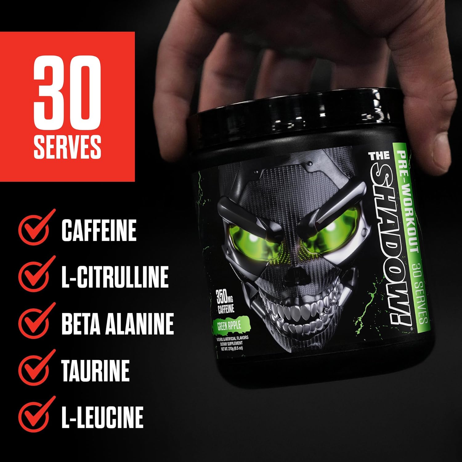 JNX SPORTS The Shadow! 350mg of Caffeine Hard Core Preworkout - Watermelon 30 Servings | Electric Energy, Mental Focus & Superhuman Strength for Men & Women