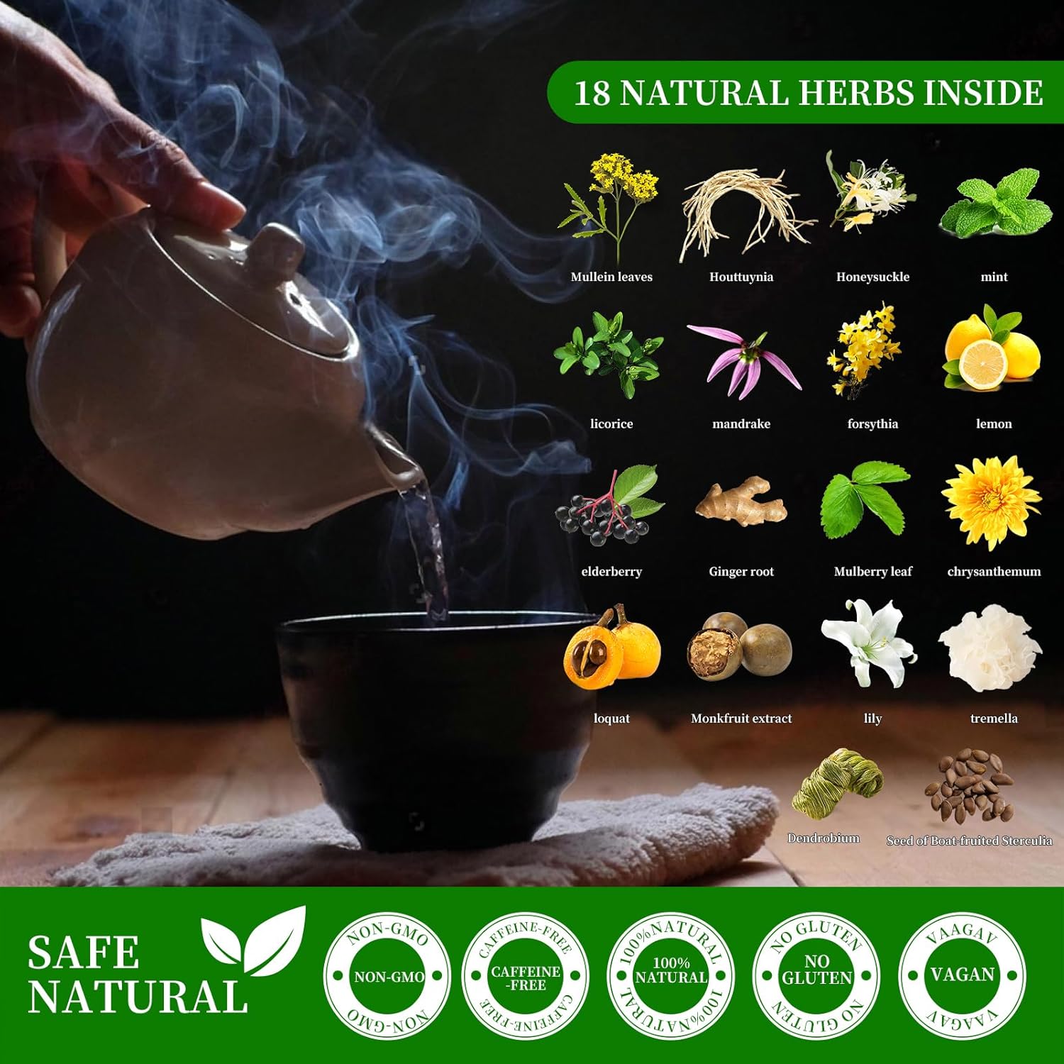 Organic Mullein Detox Tea for Smoker,Breathe Easy,Better Mullen Herbal Tea Supports Lung Health,Respiratory Cleanse,18 Premium Herbs Blend,Caffeine-Free,100% Natural,30 Tea Bags