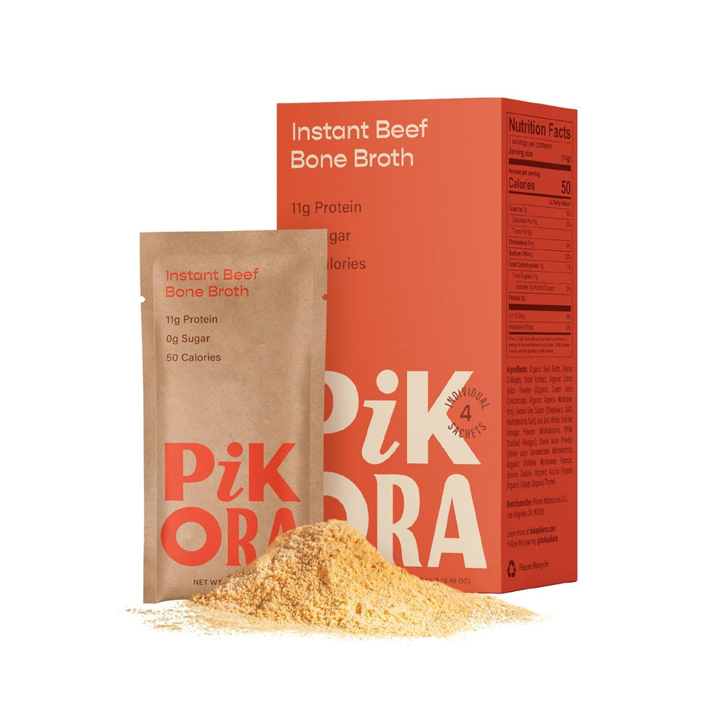 Pikora Beef Bone Broth Instant Powdered Mix (1 Pack, 4 Servings) | High-Protein, Gluten-Free, Collagen-Rich, No Sugar, Keto & Paleo Friendly | 11g Protein, 50 Calories per Serving