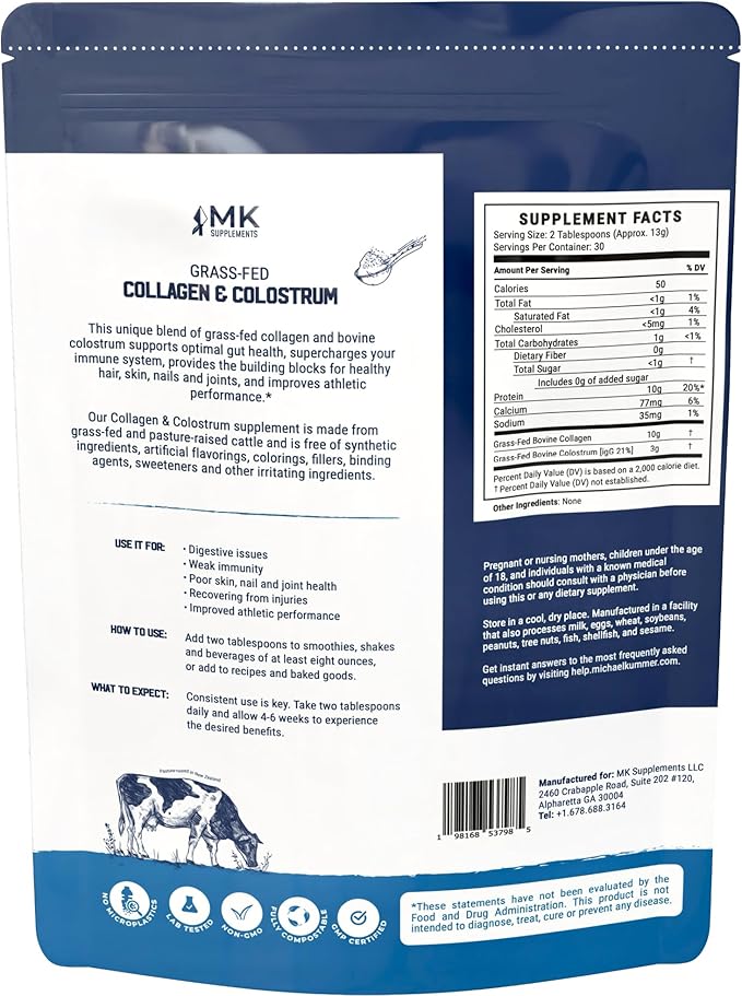 MK Supplements Collagen & Colostrum – Grass-Fed Bovine Collagen & Bovine Colostrum Powder – Skin, Gut, Joint & Immune Support – Keto, Paleo, Carnivore Friendly – No Additives
