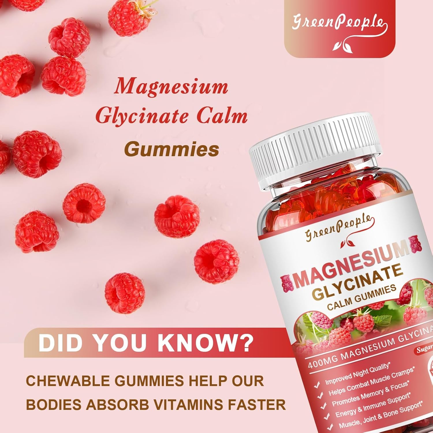 GREENPEOPLE Magnesium Glycinate Gummies 400mg - Sugar Free Magnesium Potassium Supplement with Magnesio Malate, Vitamin D, B6, and CoQ10 for Calm Support & Sleep for Adults - Raspberry Gummies