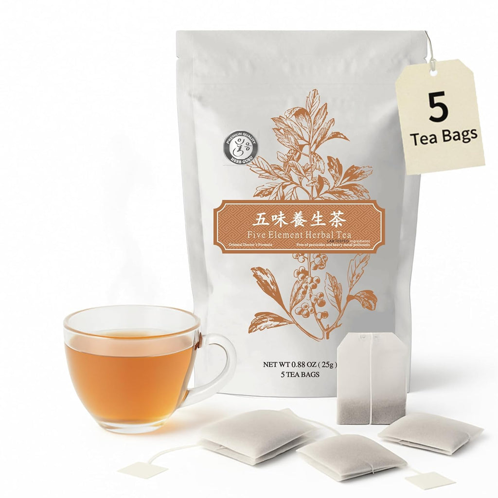 Five Element Herbal Tea Bags With American Ginseng, Chrysanthemum, Goji Berry, Jujube, And Citrus Peel | Herbal Blend For Immunity, Balance, And Vitality | 5 Count Wellness Tea Bags