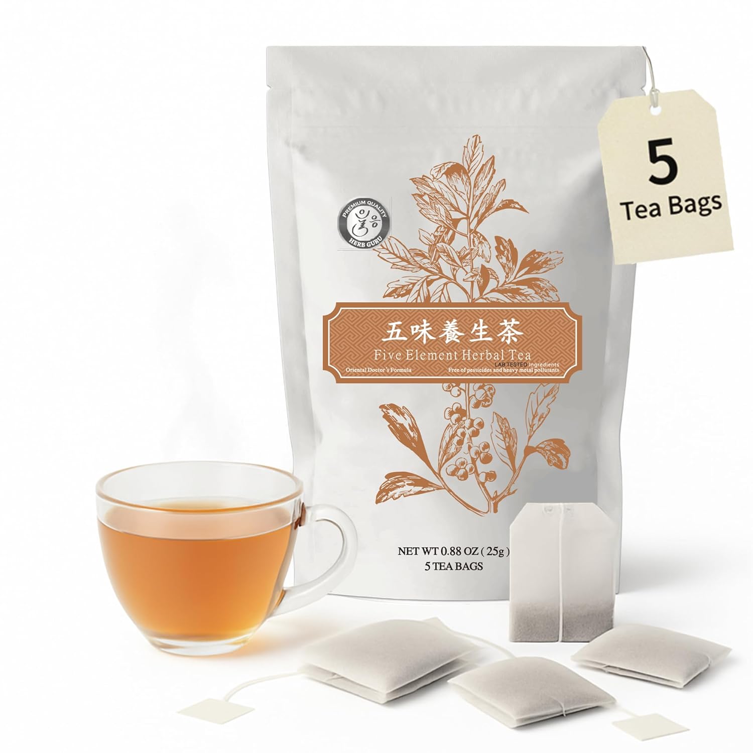 Five Element Herbal Tea Bags With American Ginseng, Chrysanthemum, Goji Berry, Jujube, And Citrus Peel | Herbal Blend For Immunity, Balance, And Vitality | 5 Count Wellness Tea Bags