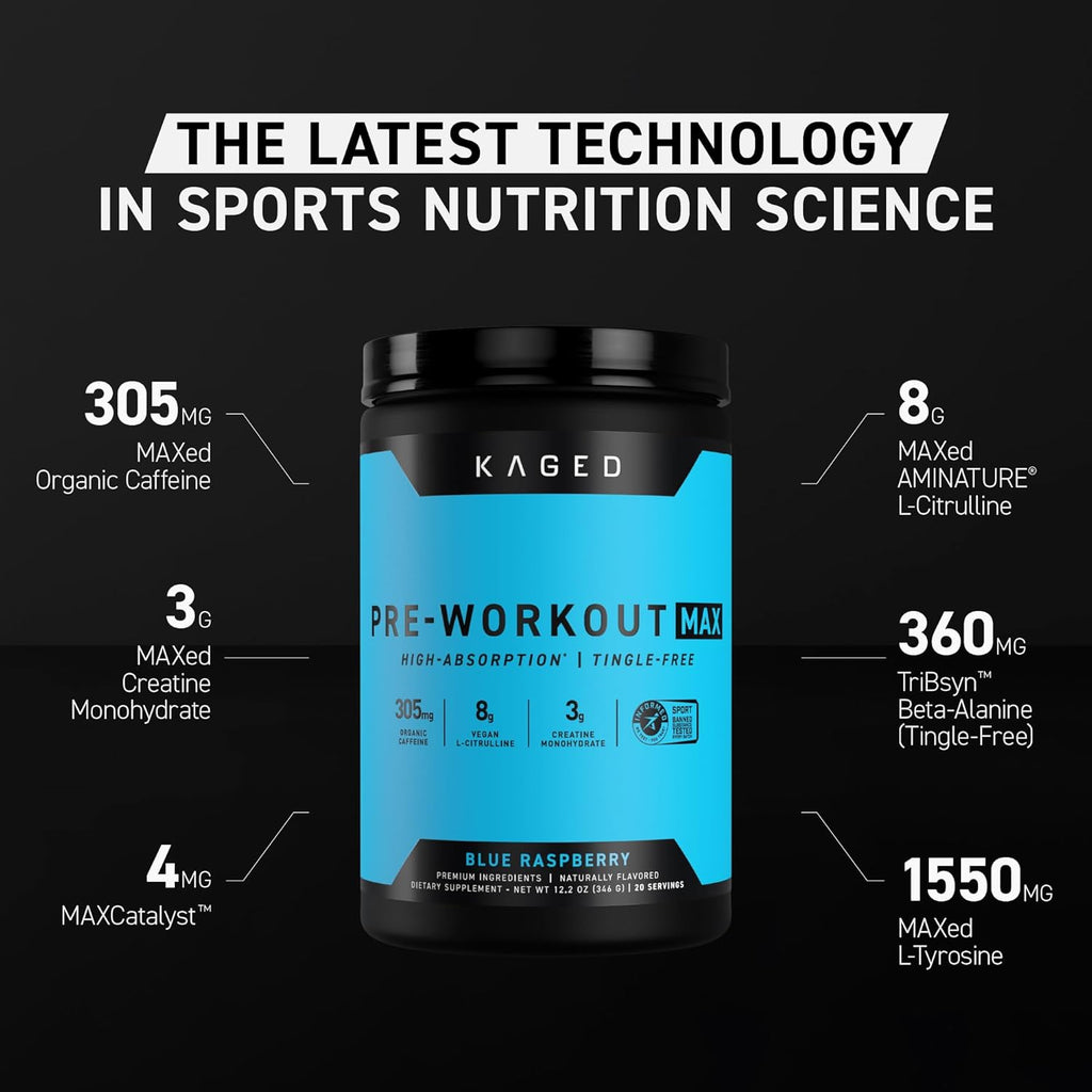 Kaged Pre Workout MAX Powder | Watermelon | Tingle Free, High Stim Pre-Workout | 305 mg Caffeine, Creatine, L-Citrulline | MAXCatalyst for Absorption | Supplements for Men & Women | 20 Servings