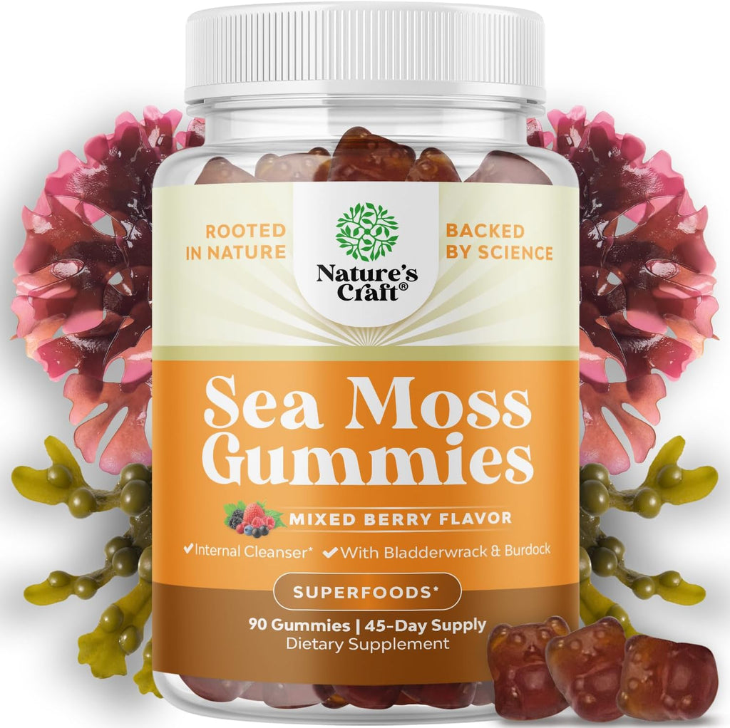 Natures Craft Irish Sea Moss Gummies for Women, Men & Kids - Immune Support Supplement with Irish Sea Moss, Bladderwrack & Burdock Root - Detox Gummies for Body Cleanse - 90 Chewable Gums