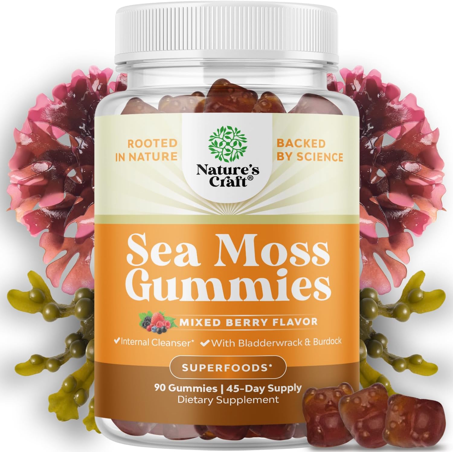 Natures Craft Irish Sea Moss Gummies for Women, Men & Kids - Immune Support Supplement with Irish Sea Moss, Bladderwrack & Burdock Root - Detox Gummies for Body Cleanse - 90 Chewable Gums